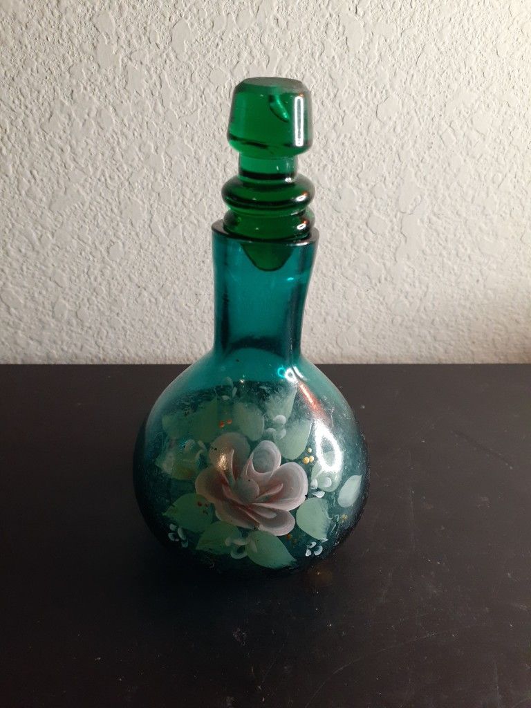 EXQUISITE Handpainted 6" Teal Glass Cruet Made in Italy.