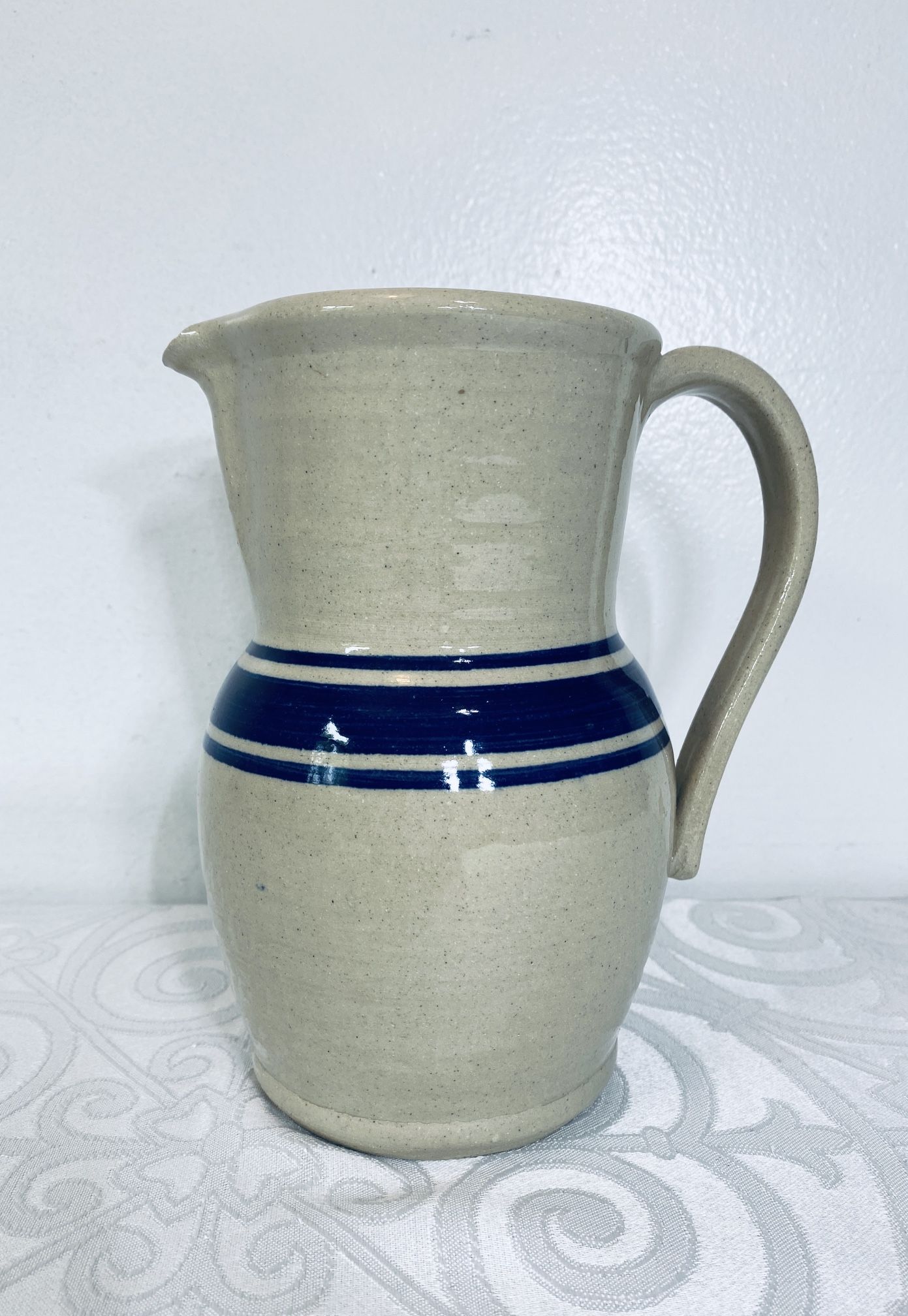 Glazed Pottery Blue Striped Tan Pitcher, 7.25" Tall, Spout, Handle, Unmarked