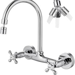Airuida Wall Mount Kitchen Faucet with Sprayer Wall Mounted Kitchen Sink Faucet Double Cross Handles 360 Degree Swivel Spout Restaurant Mixer Tap Comm