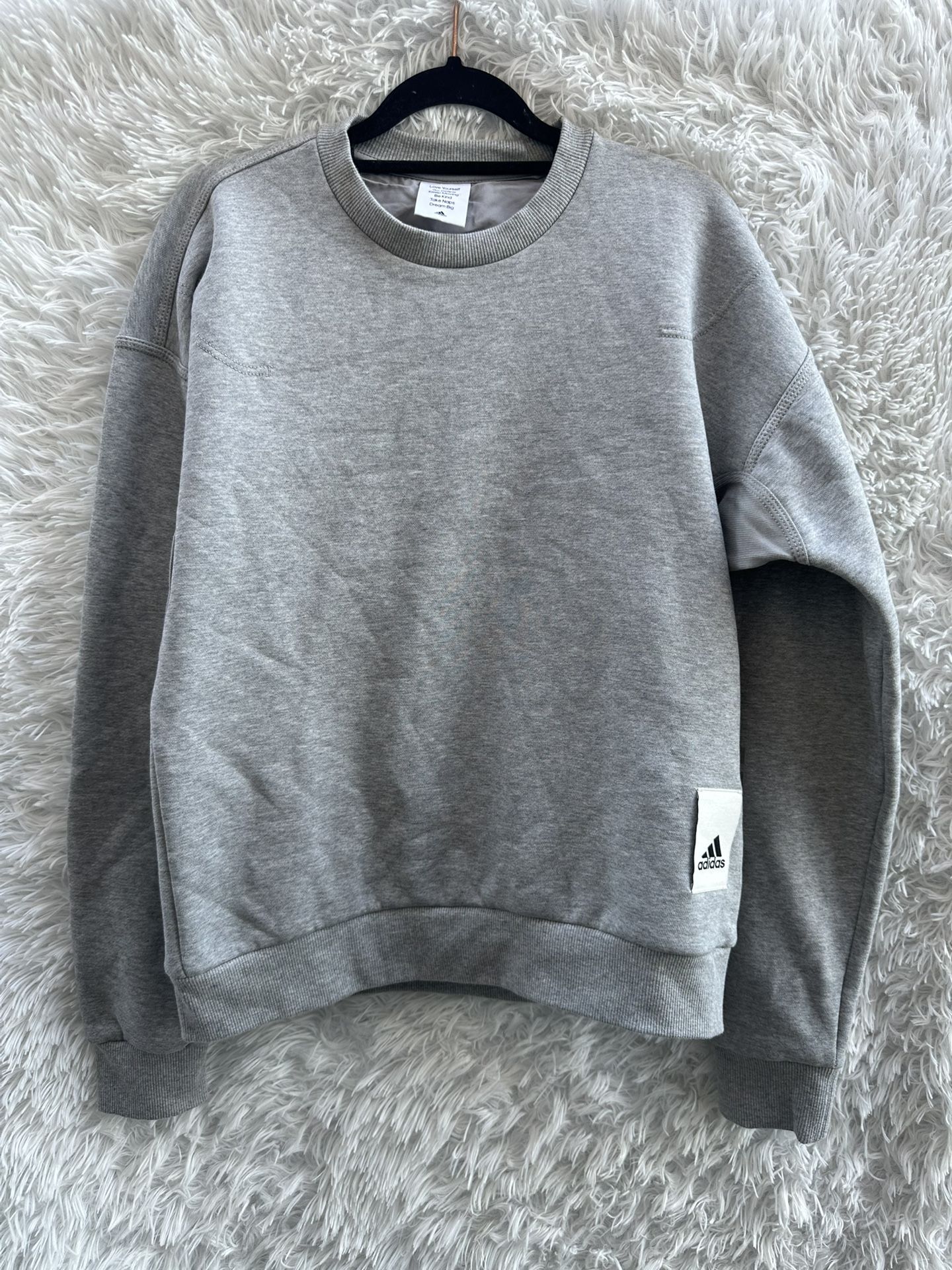 NWOT Women Adidas XS crew Neck sweater Gray with front and sleeve logo