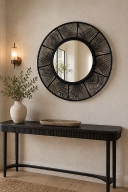 Large Round Decorative Wall Mirror, Dark Brown Wood Frame