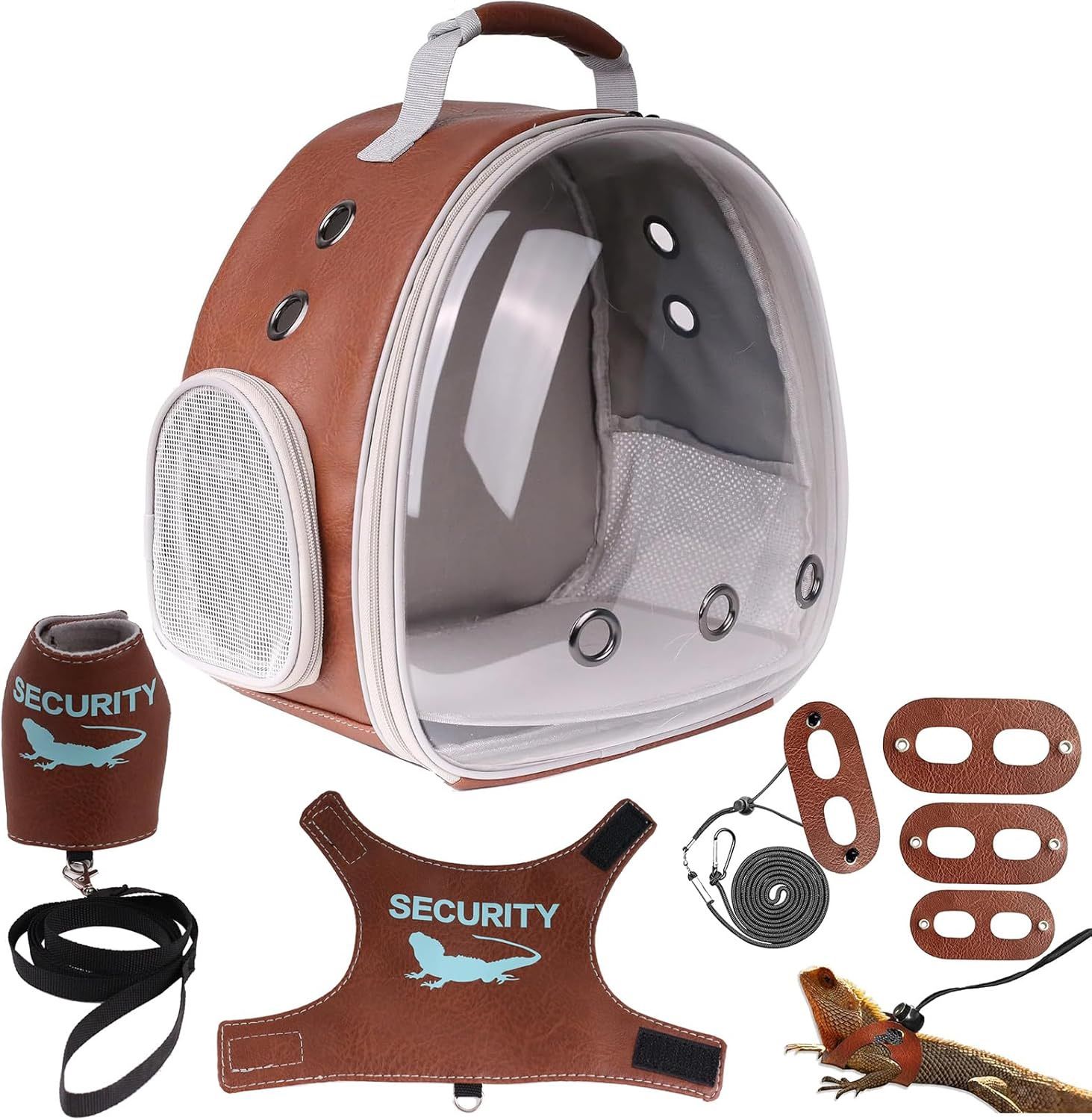 Bearded Dragon Carrier Backpack with Two Security Printing Harness with Leash Sets, Reptile Lizard Travel Bag to Carry and Transport Small Animal Kitt