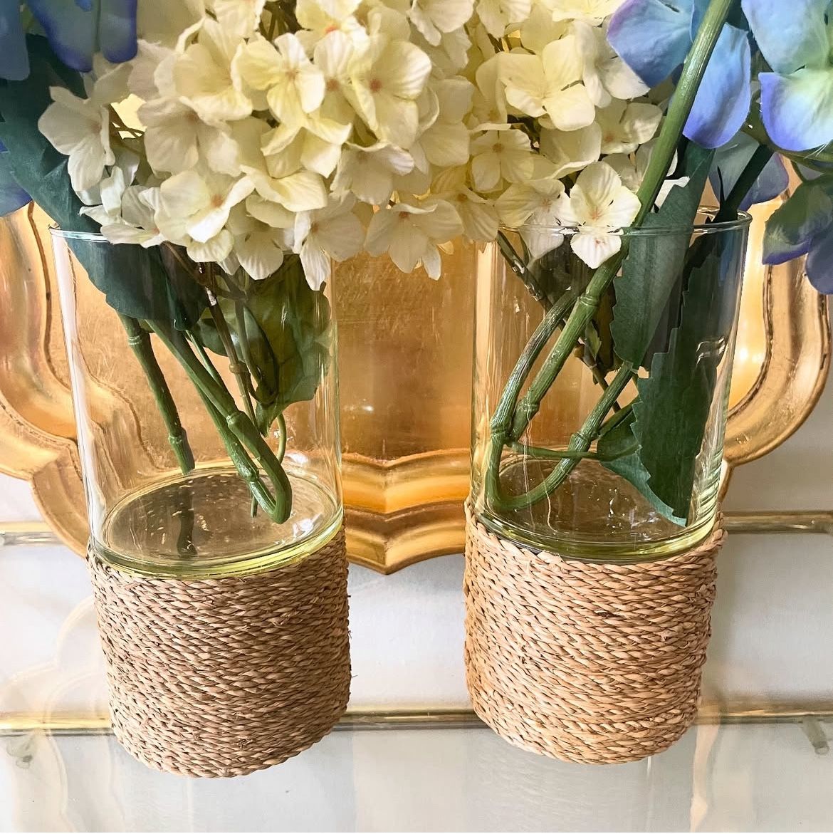8 1/4” H Woven Seagrass-Wrapped Glass Vases/Candle Holders - Pair