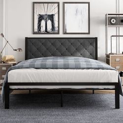 Queen Size Metal Bed Frame with Upholstered Headboard, Dark Grey