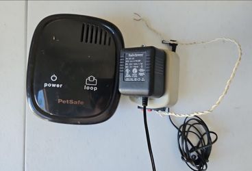 PetSafe In-Ground Dog Fence Transmitter – $25 PetSafe electronic/in-ground dog fence transmitter with power adapter and wiring shown in the photos