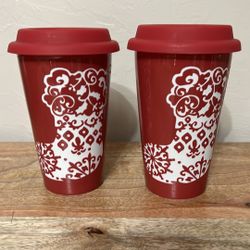 (2) Ceramic Traveling 10 Oz Coffee Mugs Red White Stocking 