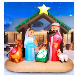 NEW -7FT Christmas Inflatable Nativity Scene with Baby Jesus, Parents, Donkey, Sheep, Star, Blow Up