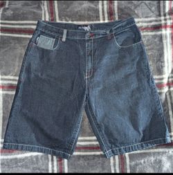 VTG Mecca USA Baggy Denim Shorts Jorts Size 40 Embroidered Tribal Y2K Hip Hop