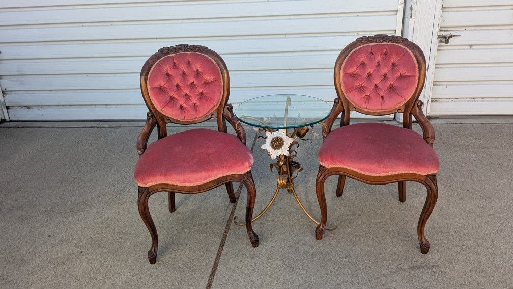 Pair of Antique Victorian-Style Accent Chairs Rose Velvet Upholstery