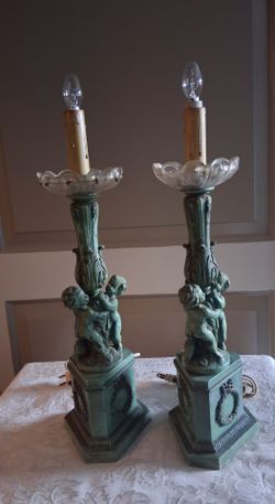 Pair of Vintage Cherub Table Lamps- Babies hugging post on pedestal- Approx 19in