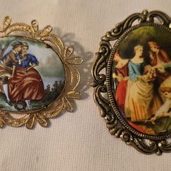 Vtg. Jewelry Lot Of 2 Victorian Theme Oval Porcelain Painted  Brooch  1 Is From Western Germany Rare!