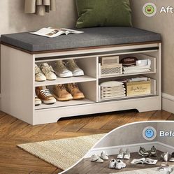 Storage Bench with Cushion, Shoe Rack with Slide Barn Doors, Adjustable Shelf and 2 Drawer for Entry, Bedroom, Closet, Living Room, Hallway (White Bro