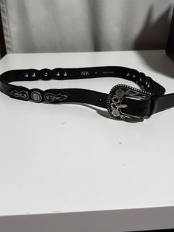 Zara Women’s Western Belt Black Solid Silver Toned Hardware Buckle