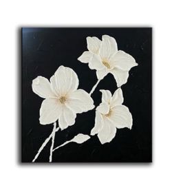 YaSheng Art 24x24in Black & White Floral Oil Painting on Canvas, Hand-Painted Thick Texture 3D Art