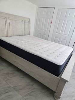 White Wood Sleigh Bed Frame with Mattress
