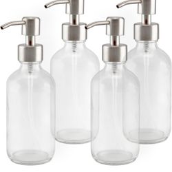 8-Ounce Clear Glass Boston Round Bottles w/Stainless Steel Pumps 4-Pack