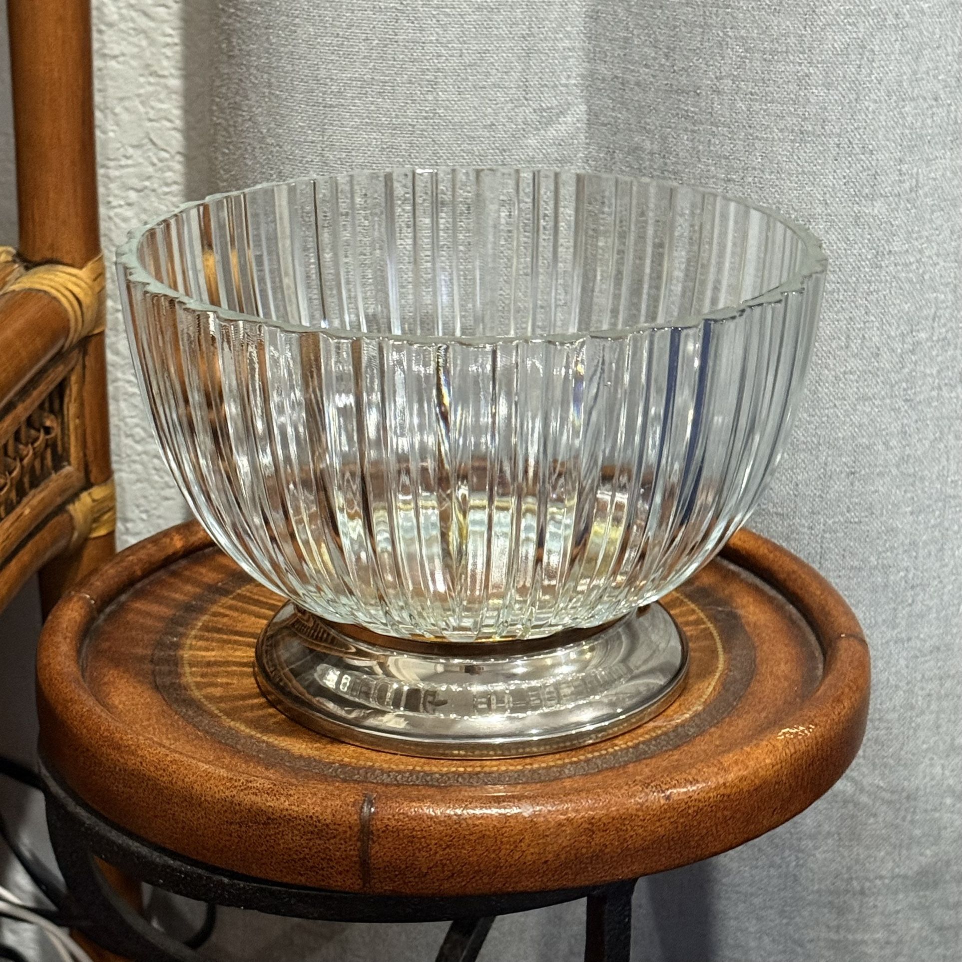 Vintage Italian Crystal Bowl with Silver-Plated Base β’ 9β Ribbed Design