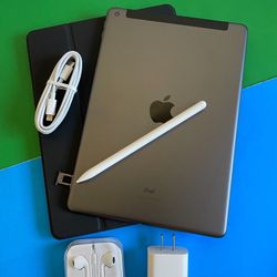 Apple IPad 8th Generation (10.2” Retina / Touch ID / 2020) Wifi + cellular (Unlocked) with pen, keyboard & Accessories 