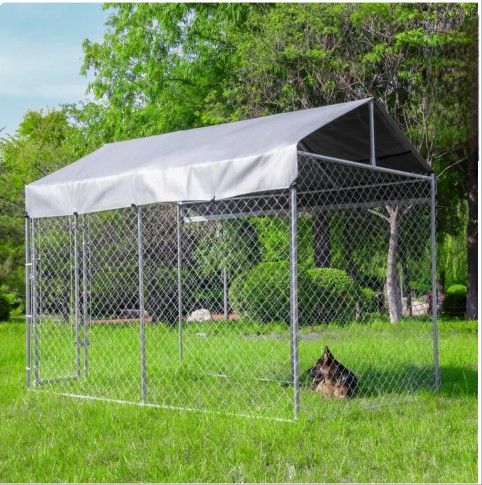 New in box Large Dog kennel with tarp, Oxford cloth UV water resistant Roof Cover Galvanized large dog Kennel 6.6' x 6.6' x 6ft