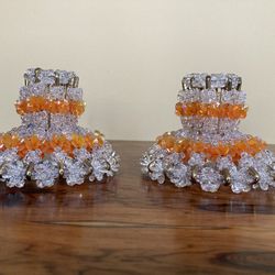 Pair of Mid Century Vintage Boho Beaded Peach and Crystal Candle Stick Holders