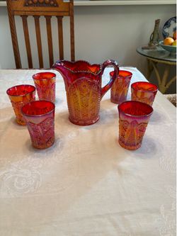 Carnival Glass Pitcher and 6 Glasses