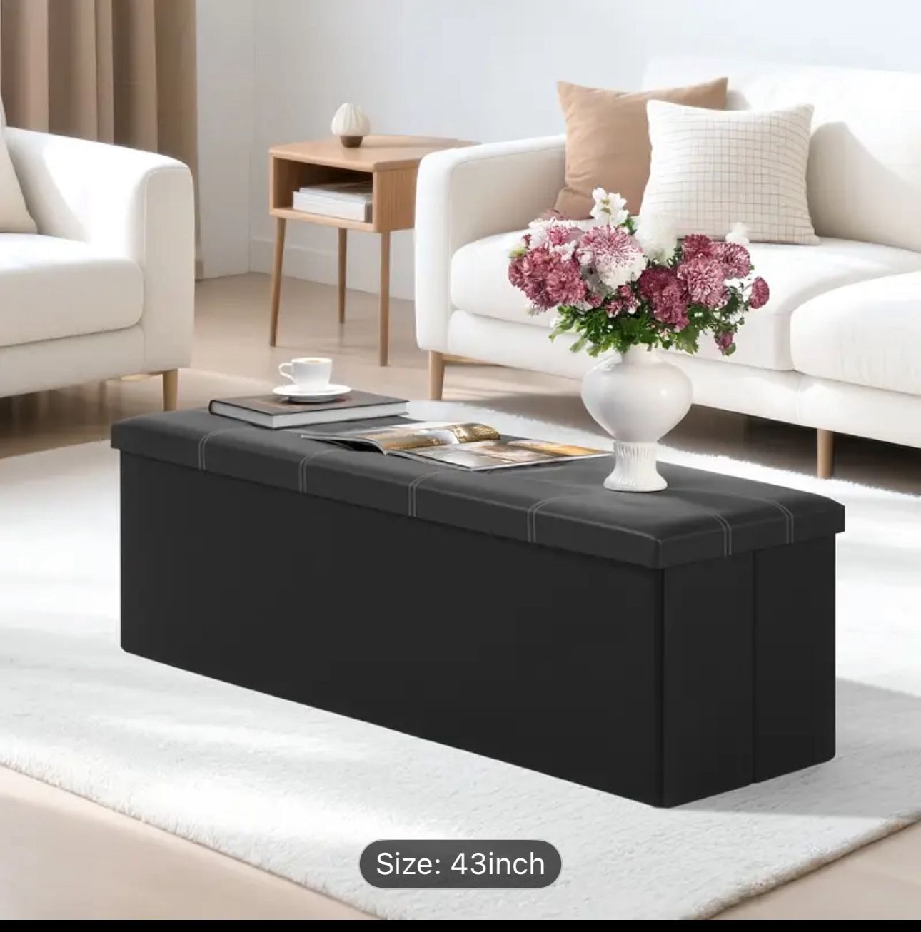 Faux Leather Black storage ottoman 43 inches
