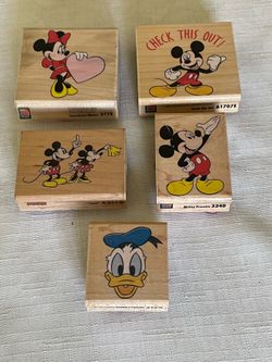 A collection of 5 vintage wooden-mounted Disney character rubber stamps. Mickey & Minnie Mouse, Donald Duck