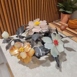 Hand Carved Chinese Jade & Carnelian Floral Centerpiece (15" W x 6.5"H)