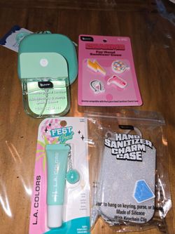 Hand sanitizer spray wristlet keychain charm case, lip gloss bundle