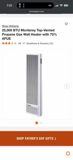Williams 25,000 BTU Monterey Top-Vented Propane Gas Wall Heater with 70% $400