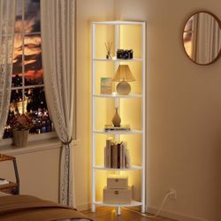 Furnulem 6 Tier Corner Shelf 67.5" Tall White Metal Frame Wood with LED Light Standing Shelf Organizer Narrow Bookshelf Storage Rack for Wall Corner
