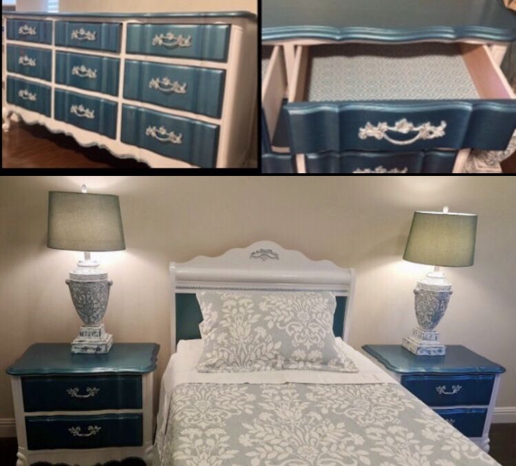 Gorgeous French Provincial  Solid Wood, 5-Piece Bedroom Set - Turquoise, silver, white