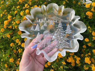 Vintage Frosted Glass Pedestal Candy Dish Winter Scene