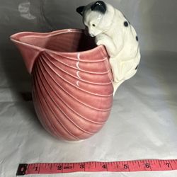 Cat hanging on a Pitcher / Creamer / Vase with Pink Swirls by Erphila 