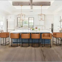 Set of 6Brown Modern Counter Bar Stool Faux Leather Upholstered Barrel Counter Stool with Metal Fram