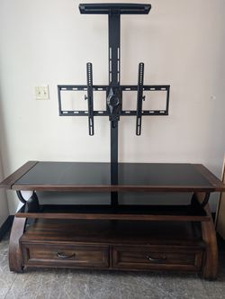 Dark Wood Media Console with Integrated TV Mount and Storage Drawers