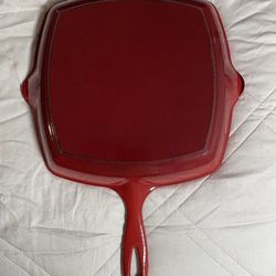 Red Le Creuset Square Enameled Cast Iron Griddle Pan Chipped Handle