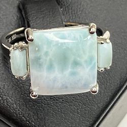 Size 8 1/4 Larimar stone Ring,  925 Sterling Silver with 14  Moissanites