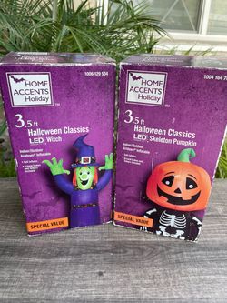 Halloween Classics LED Witch and Skeleton Pumpkin Airblown Inflatable Bundle