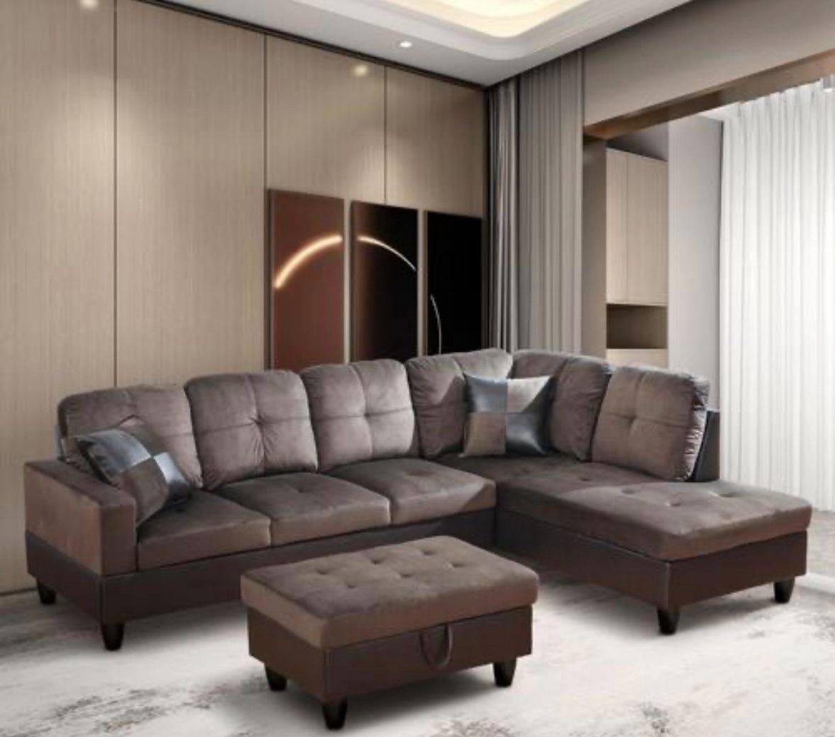 Brand New Brown Microfiber Sectional Sofa With Storage Ottoman 