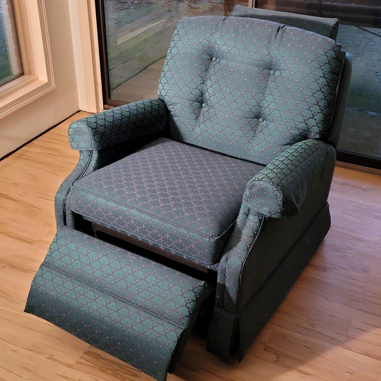 Low upholstered La-Z-Boy recliner in dark blue-green pattern fabric

