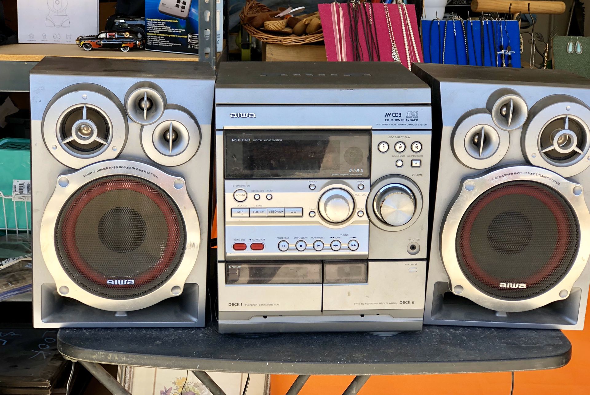 Free!!!! Great garage stereo! Radio and cassette works not sure about CD player. Good sound, nothing fancy! Need gone! Curb pick up!!!!!