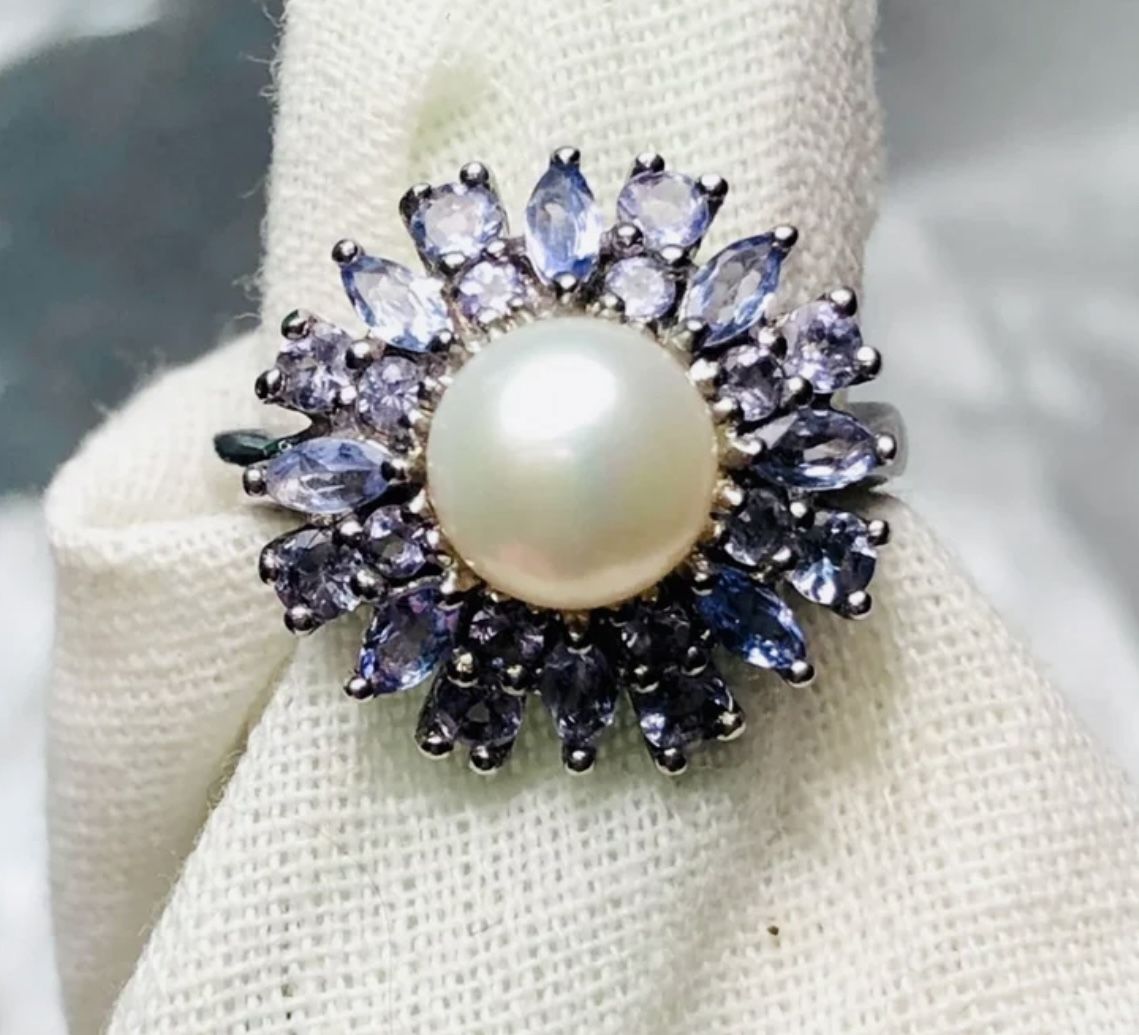 JTV Tanzanite Pearl Flower Sterling Silver Ring