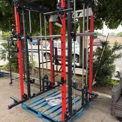 M1 Pro Smith Machine Weight Stack Set with Cable Crossover System, Multi-Function Squat Rack Power Cage for Home Gym, Power Rack and Packages,Red(No W