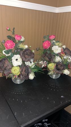 2 Large silk floral arrangements and disco ball vases
