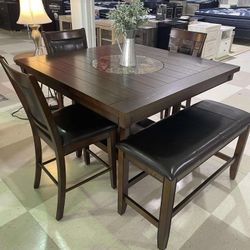 Fulton Dark Brown 6 Piece Counter Height Dining Table, 4 Barstools and Bench Set /P