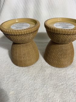 2 Bath and Bodyworks Wicker-Style Pillar Candle Holders Set of 2