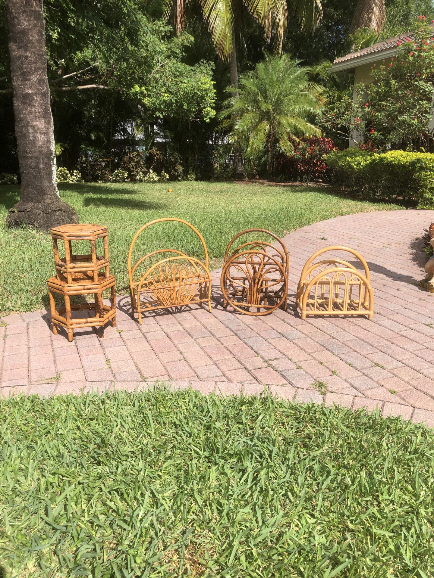 Lot Of 4 Piece - Rattan And Bamboo Magazine Racks And Plant Stand