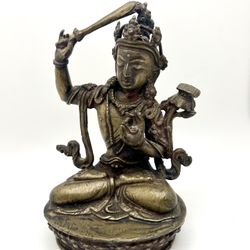 Antique Tibetan Brass Manjusri Buddhist Bodhisattva Of Wisdom Tibet Buddha 6”H