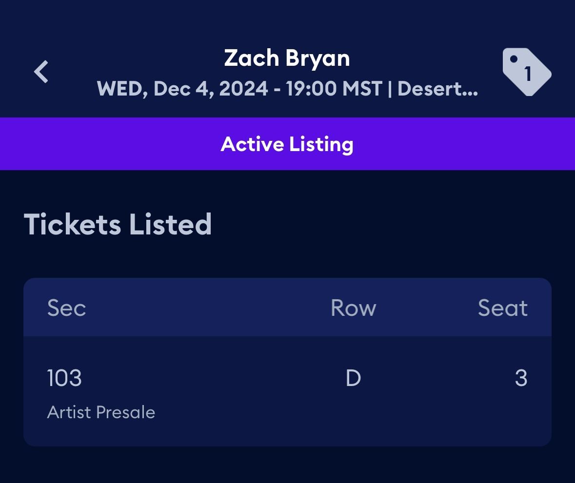 Zach Bryan Ticket On 12/4 In Glendale